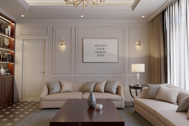 Sala de estar elegante com cão e arte emoldurada
