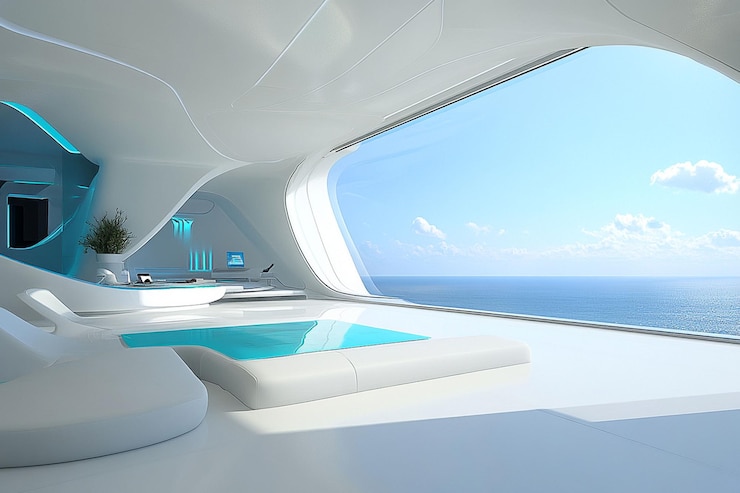 PSD sala de estar futurista com vista para o oceano com móveis brancos, sotaques azuis e grande janela
