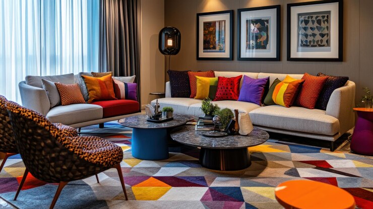 PSD sala de estar moderna com decoração e móveis vibrantes