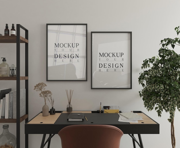sala de estudo moderna com mesa e pôster maquete renderização em 3D