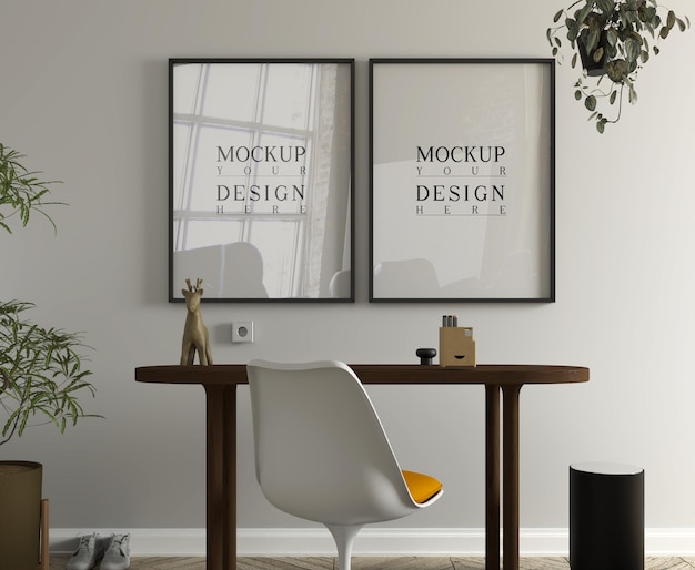 Sala de estudo moderna com secretária e modelo de cartaz em 3D