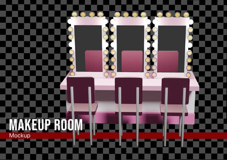 PSD sala de maquiagem 3d com modelo de assento e espelho