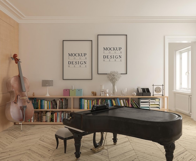 Sala de música moderna com pôster de maquete de piano