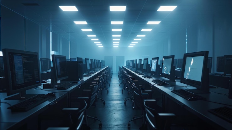 PSD sala de servidor escura com fileiras de computadores e iluminação azul