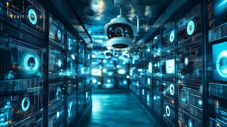 PSD sala de servidores futurista com câmeras de segurança e monitores digitais