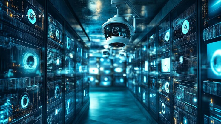 PSD sala de servidores futurista com câmeras de segurança e monitores digitais