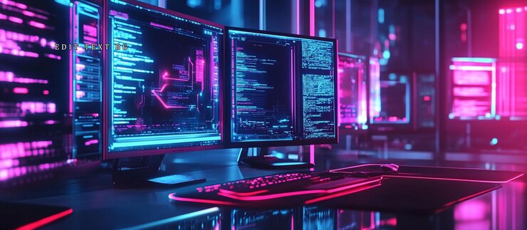 PSD sala de servidores iluminada com múltiplos ecrãs de computador exibindo código