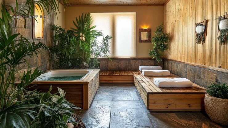 PSD sala de spa luxuosa com banheira de hidromassagem, bancos de madeira e plantas exuberantes.