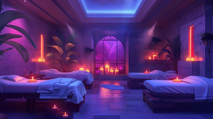 PSD sala de spa luxuosa com mesas de massagem velas e plantas sob iluminação roxa e rosa