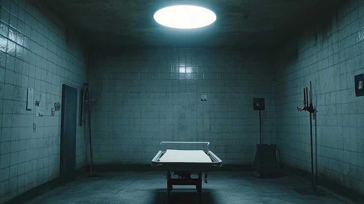 PSD sala di esame desolata una stanza sterile scarsamente illuminata con un tavolo di esame solitario che evoca un senso di disagio e di abbandono