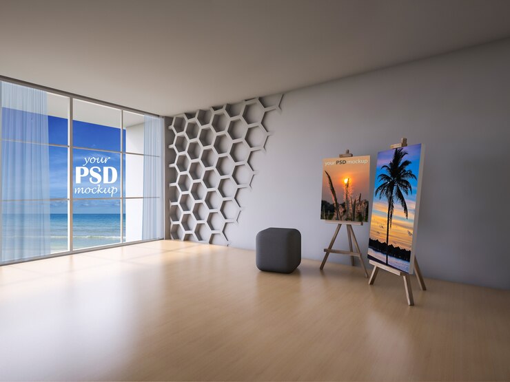 PSD sala de estar de diseño de interiores con maqueta de marco y maqueta de vista