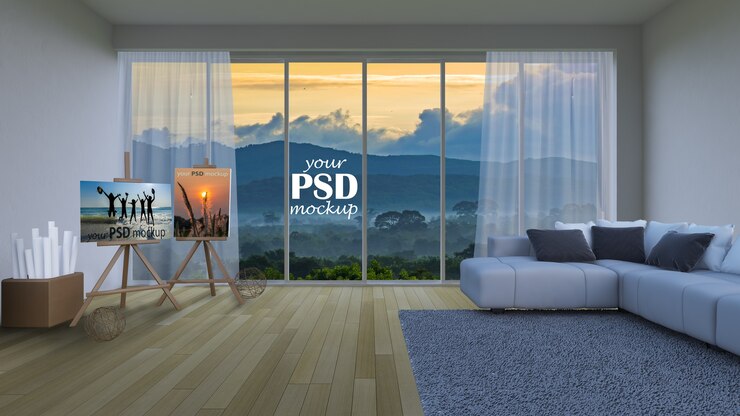 PSD sala de estar de diseño de interiores con maqueta de marco y maqueta de vista
