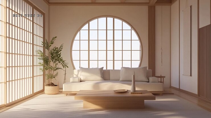 PSD sala de estar de estilo japonés minimalista con ventana circular, sofá bajo y mesa de café de madera