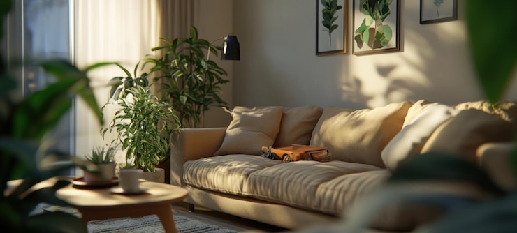 PSD sala de estar iluminada por el sol serenidad acogedor sofá beige exuberante vegetación y luz de la hora dorada
