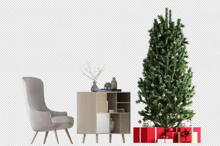 PSD sala de estar moderna con árbol de navidad y sillón