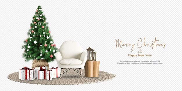 La sala de estar moderna interior tiene un árbol de Navidad y un sillón en representación 3d