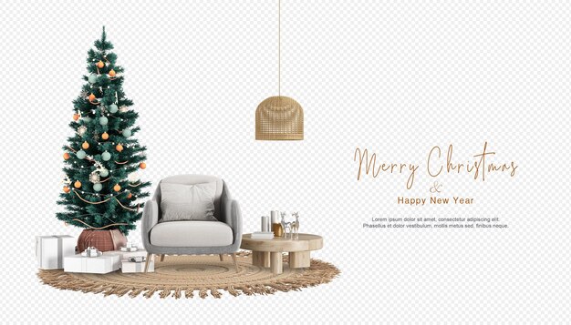La sala de estar moderna interior tiene árbol de Navidad y sillón en representación 3d