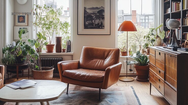 PSD sala de estar moderna de mediados de siglo con plantas de sillón de cuero y muebles antiguos