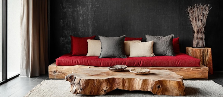 PSD sala de estar moderna con sofá rojo y mesa de madera