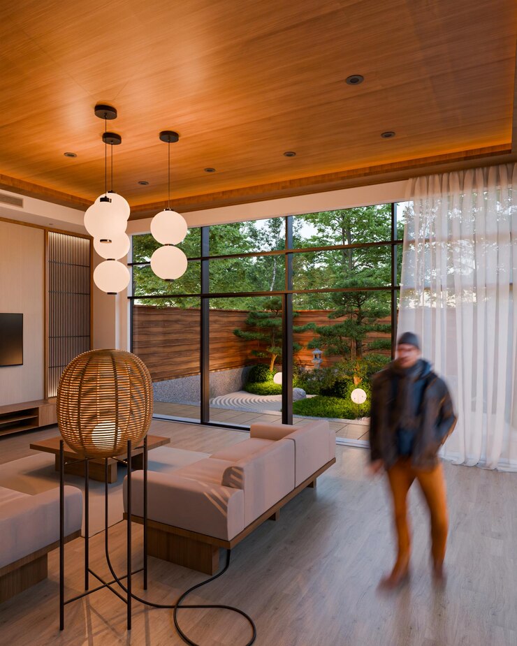 PSD sala de estar moderna con vistas al jardín