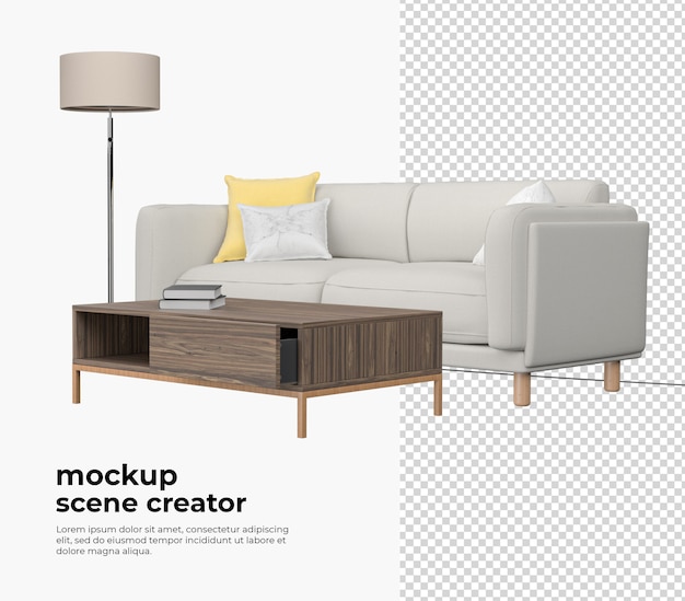 PSD sala de estar en render 3d con decoración moderna