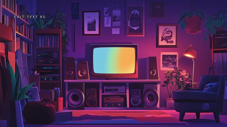 PSD sala de estar retro por la noche con plantas estéreo de tv y obras de arte