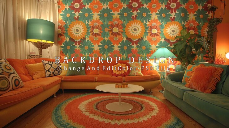 PSD sala de estar retro con papel tapiz floral y sofá naranja