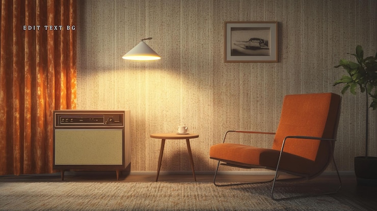 PSD sala de estar retro con sillón estéreo vintage y mesa lateral