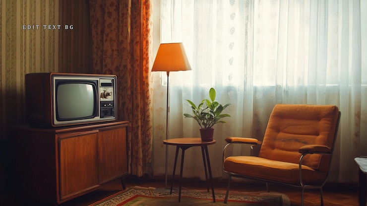 PSD sala de estar retro con sillón de televisión vintage y lámpara de piso
