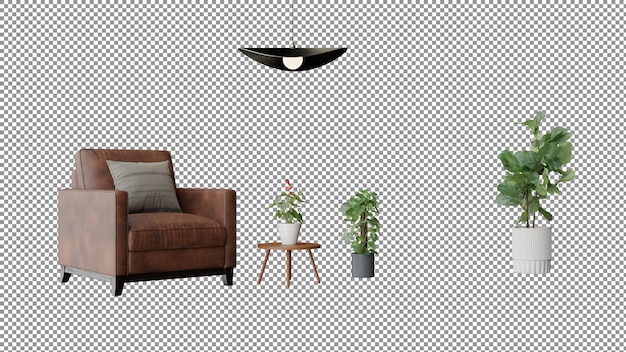 una sala de estar con una silla de cuero marrón y una planta