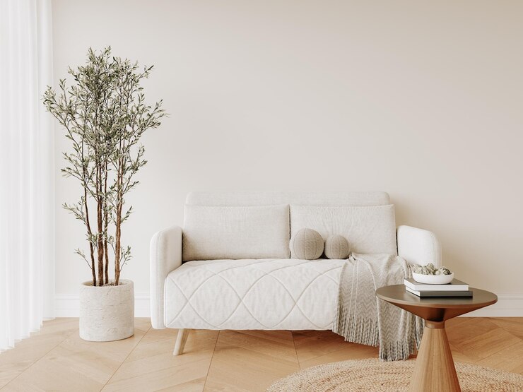PSD una sala de estar con un sofá blanco y una planta en la mesa
