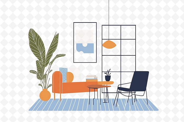 PSD una sala de estar con un sofá y una mesa con una planta encima