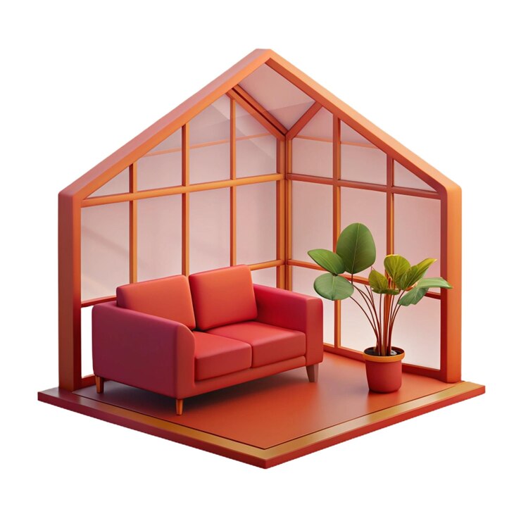 PSD una sala de estar con un sofá rojo y una planta en la mesa