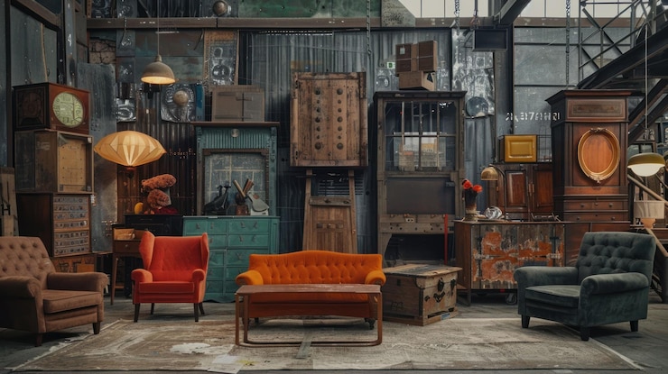 PSD una sala de estar vintage con muebles y decoración dispuesta en un entorno industrial