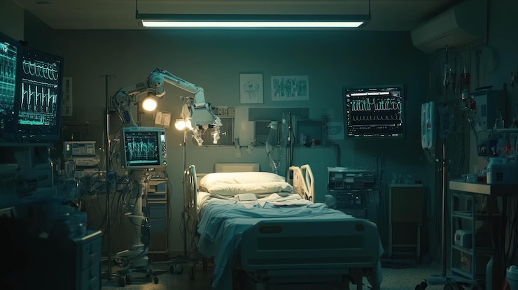 PSD sala de hospital vacía por la noche con robot médico y monitores