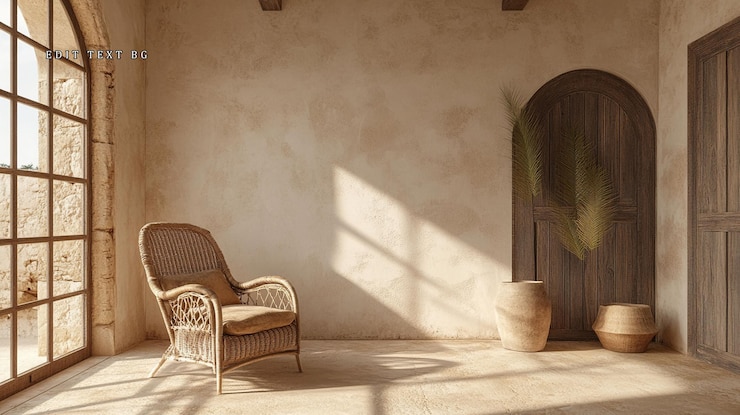 PSD sala iluminada por el sol con silla de mimbre ventanas arqueadas y ollas de terracota