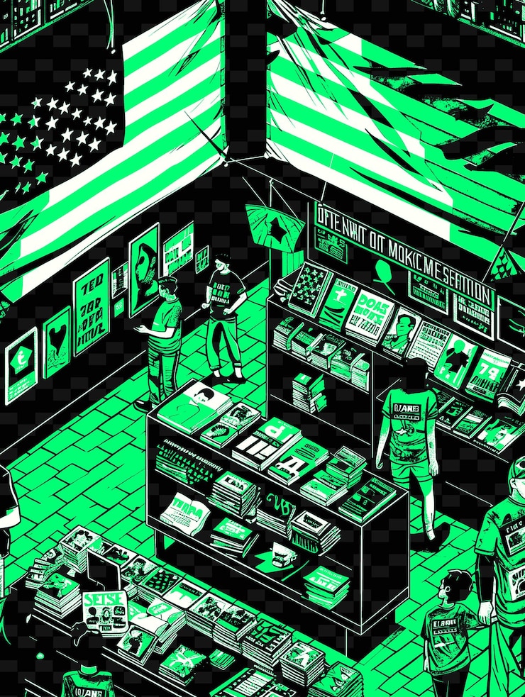 PSD una sala de juegos con una bandera verde y blanca y una imagen de una persona en una camisa verde