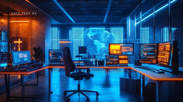 PSD sala de juegos futurista con luces de neón, múltiples monitores y una proyección de mapa global