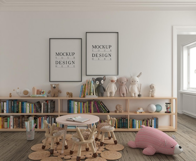 Sala de juegos para niños con cartel de maqueta.