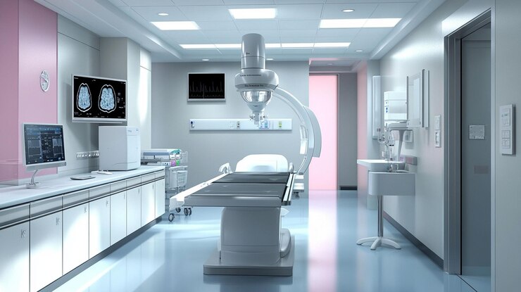 PSD sala médica moderna con equipo de fluoroscopia, monitores y mesa de examen