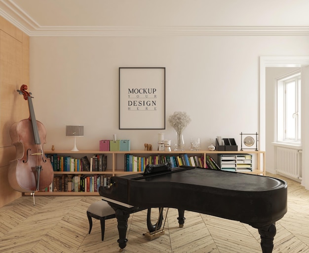 Sala de música moderna con maqueta de póster y piano.