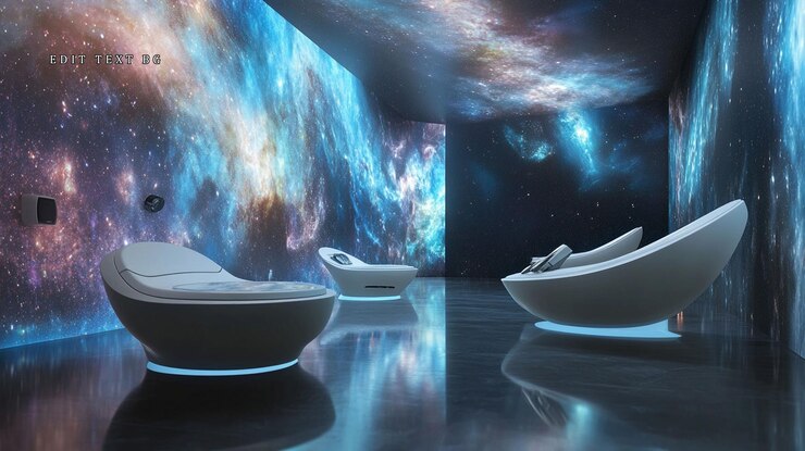 PSD sala de relajación futurista con proyección de nebulosa y cómodas cápsulas