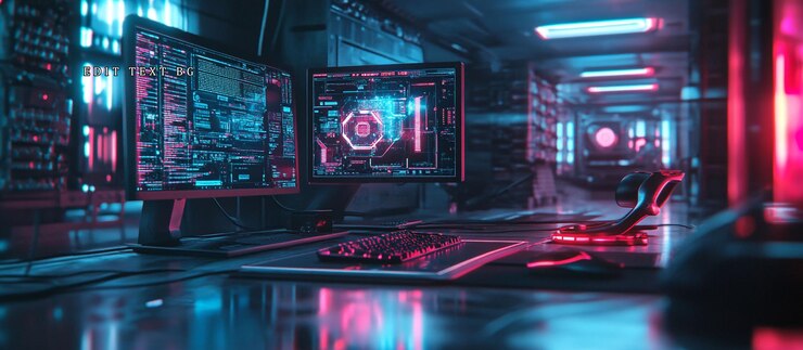 PSD sala de servidores cyberpunk futurista con monitores brillantes y configuración de computadoras