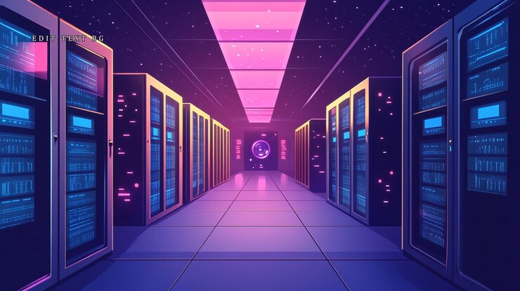 PSD sala de servidores futurista con filas de servidores de datos brillantes