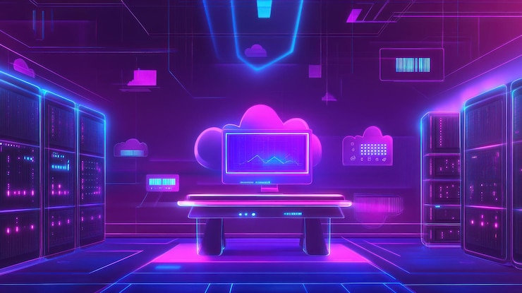 PSD sala de servidores futurista con luces de neón computación en la nube y visualización de datos en una pantalla de computadora