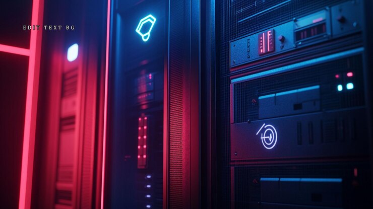 PSD sala de servidores futurista con luces de neón que muestra la tecnología del centro de datos y la seguridad de la red