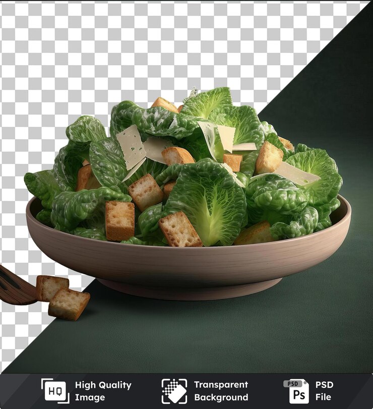 PSD salada césar clásica de alta calidad y transparente, servida en un cuenco blanco en una mesa verde acompañada de pan marrón tostado y lechuga verde fresca.