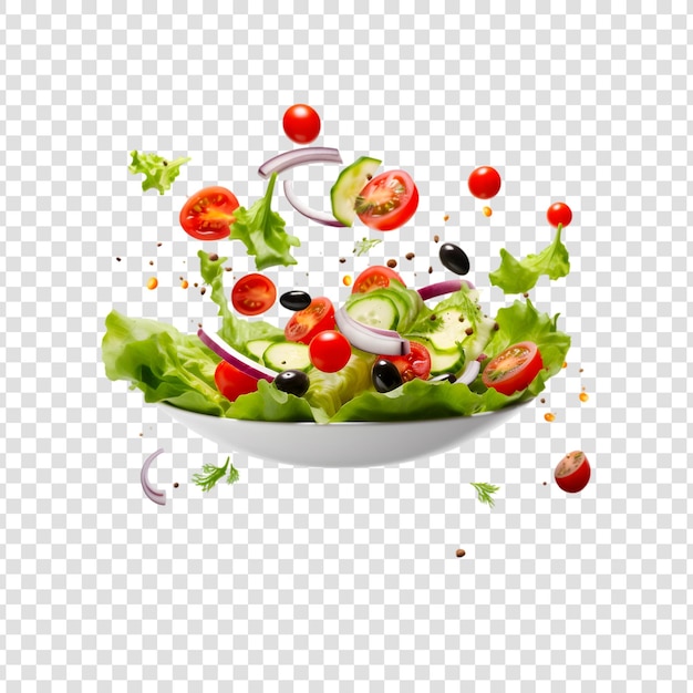 PSD salada com azeitonas vegetais frescas, tomates, cebola, queijo feta e azeite de oliva em fundo transparente