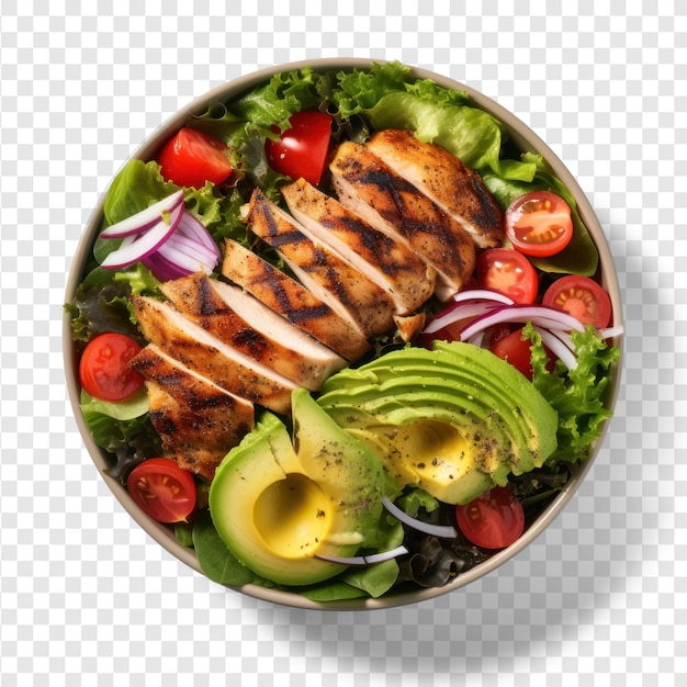 Salada com frango grelhado em uma tigela grande em fundo transparente