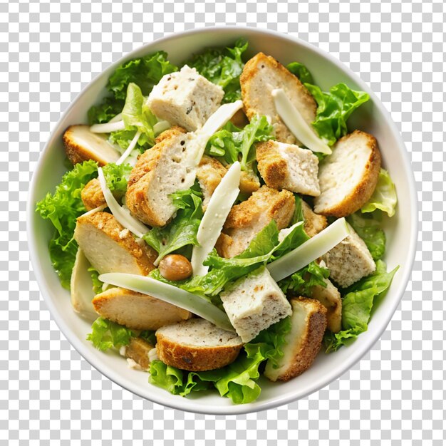 PSD salada de caesar de frango em uma tigela branca, vista de cima isolada em um fundo transparente